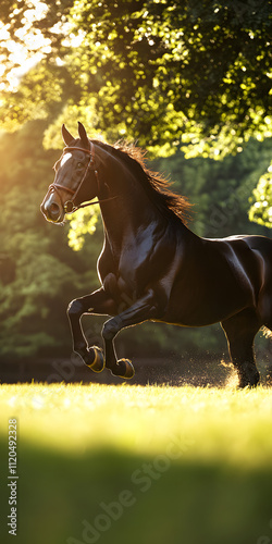 Cavalo robusto galopando por um vasto campo aberto photo