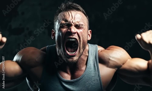 Muscular Man in Gray Tank Top Shouting with Intense Expression, Spreading Energy Against Dark Background
