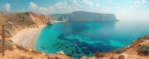 Breathtaking Aerial View of Pristine Coastal Beachline with Crystal Clear Turquoise Water and Majestic Cliff Landscape Under a Vibrant Sky