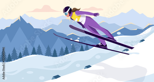 Female skier in purple suit skiing downhill. Snowy mountain landscape with trees and sky in background. Winter sports concept. Vector illustration