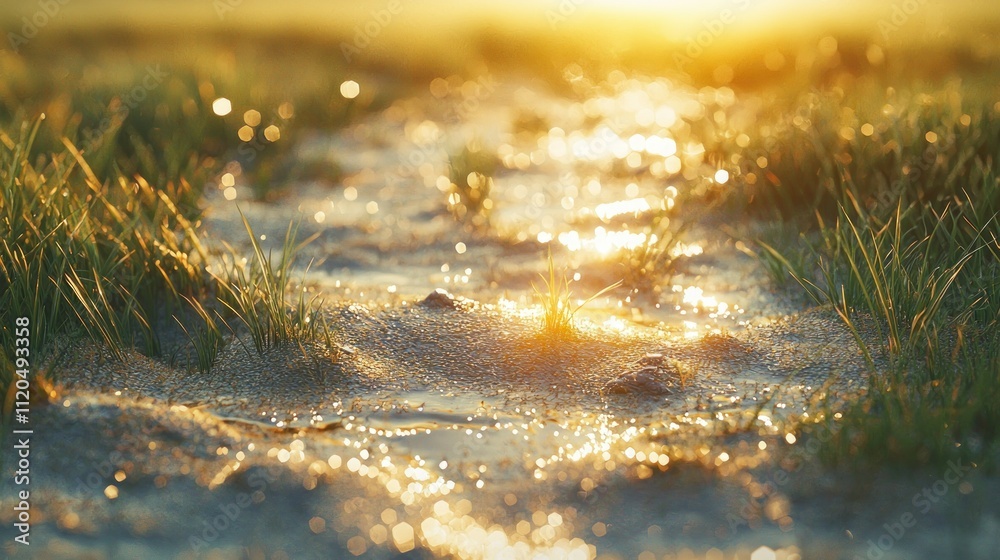 Sunlit path through grass with sparkling water droplets. Sunlit path through grass with sparkling water droplets.
