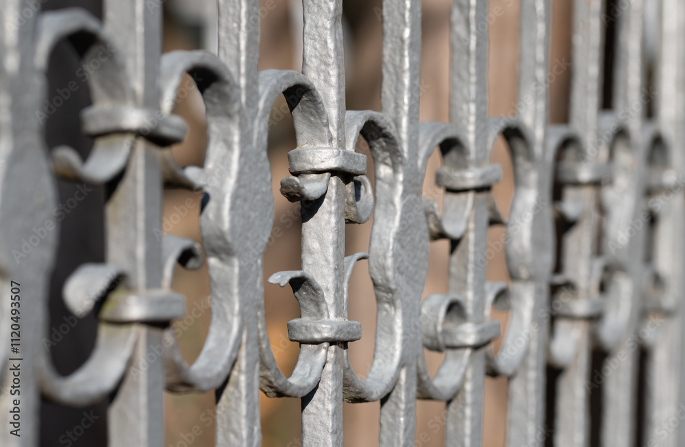 Close-up of a hand-forged grille, photographed from the side. The lattice is part of a fence. Close-up of a hand-forged grille, photographed from the side. The lattice is part of a fence.