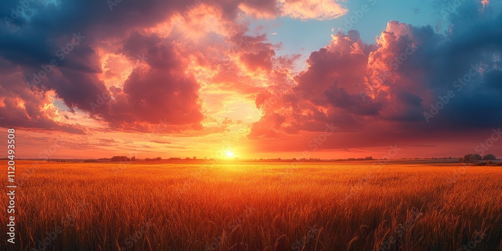Fototapeta premium Golden Grass Field at Sunset with Dramatic Clouds