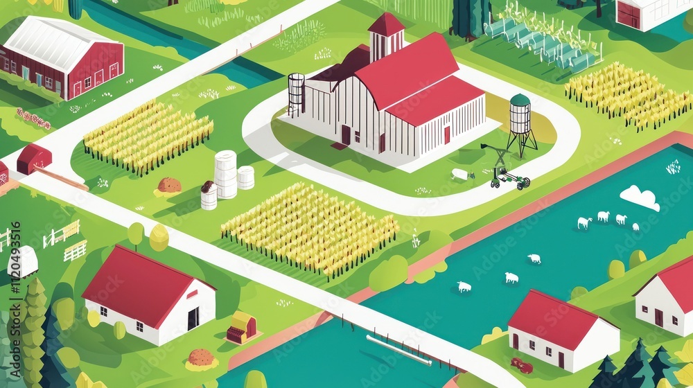 A colorful farm landscape with crops, animals, and buildings. A colorful farm landscape with crops, animals, and buildings.