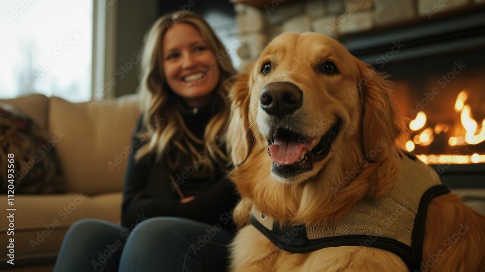 Woman smiling with a golden retriever by a fireplace. Woman smiling with a golden retriever by a fireplace.