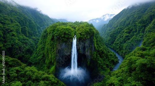 Lush waterfall cascading through verdant mountains in a serene landscape.