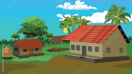 Cartoon village background for cartoon  animation with tiles roofed cottage sorrounded by trees