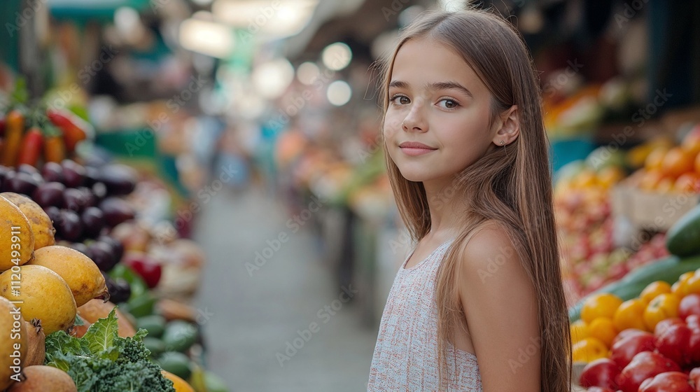 Young girl with long hair, smiling softly, standing at a vibrant street market surrounded by fruits. Young girl with long hair, smiling softly, standing at a vibrant street market surrounded by fruits.