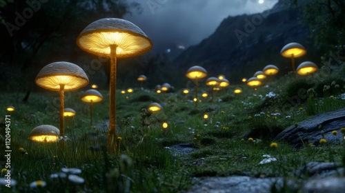 extraterrestrial fungi base, extraterrestrial living in an interconnected, glowing fungal moon base constructed for sustainability photo