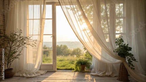 Delicate curtains billow gently in the breeze filtering the sunlight and creating a warm inviting glow that enhances the fresh organic feel of the room.