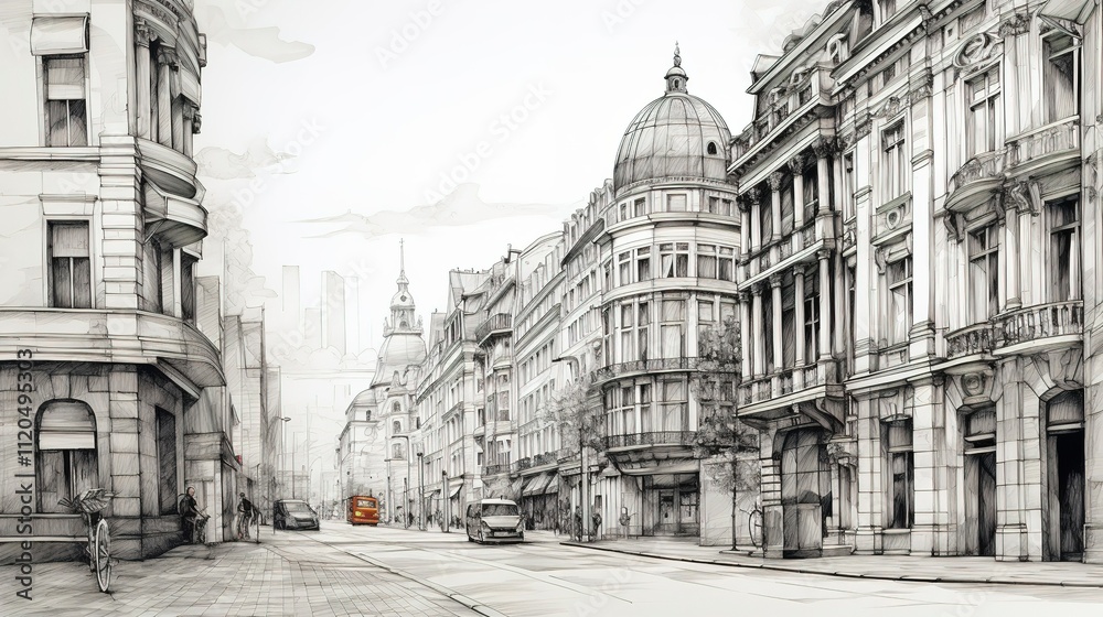 A photo of an architectural sketch of an urban landscape A photo of an architectural sketch of an urban landscape
