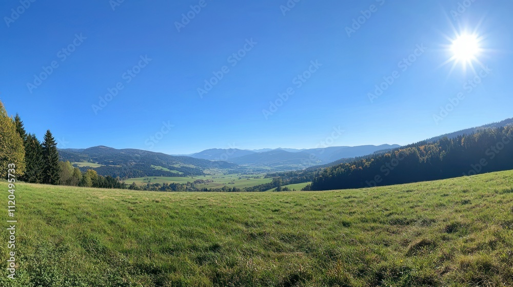 Scenic panoramic view of a lush green valley. Scenic panoramic view of a lush green valley.