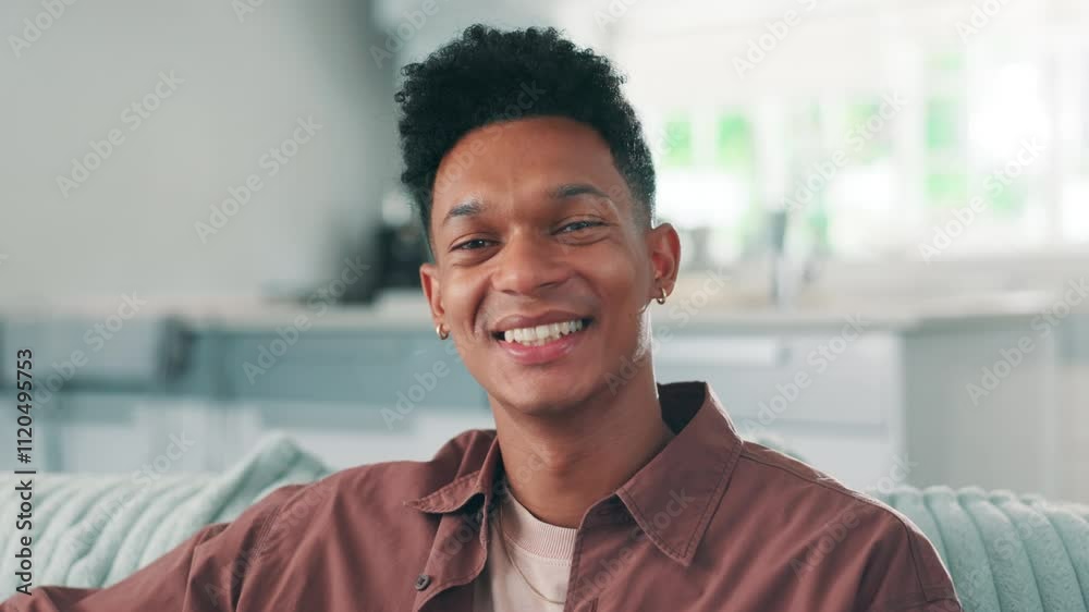 Face, man and smile with confidence, calm and peace in living room for break or rest in apartment. Male person, portrait and happiness for wellness, pride and relaxing in home for weekend or comfort Face, man and smile with confidence, calm and peace in living room for break or rest in apartment. Male person, portrait and happiness for wellness, pride and relaxing in home for weekend or comfort