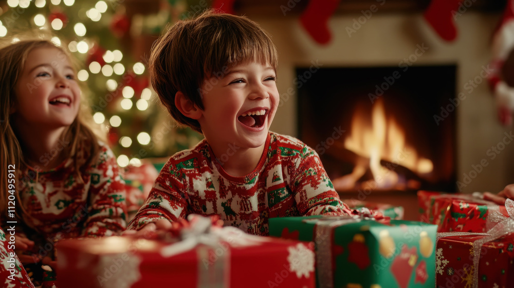 Joyful children celebrating christmas in cozy pajamas by the fireplace with gifts Joyful children celebrating christmas in cozy pajamas by the fireplace with gifts