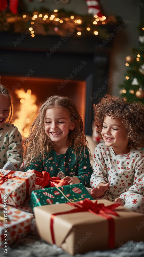 Joyful children in cozy holiday pajamas celebrating festive season by the fireplace