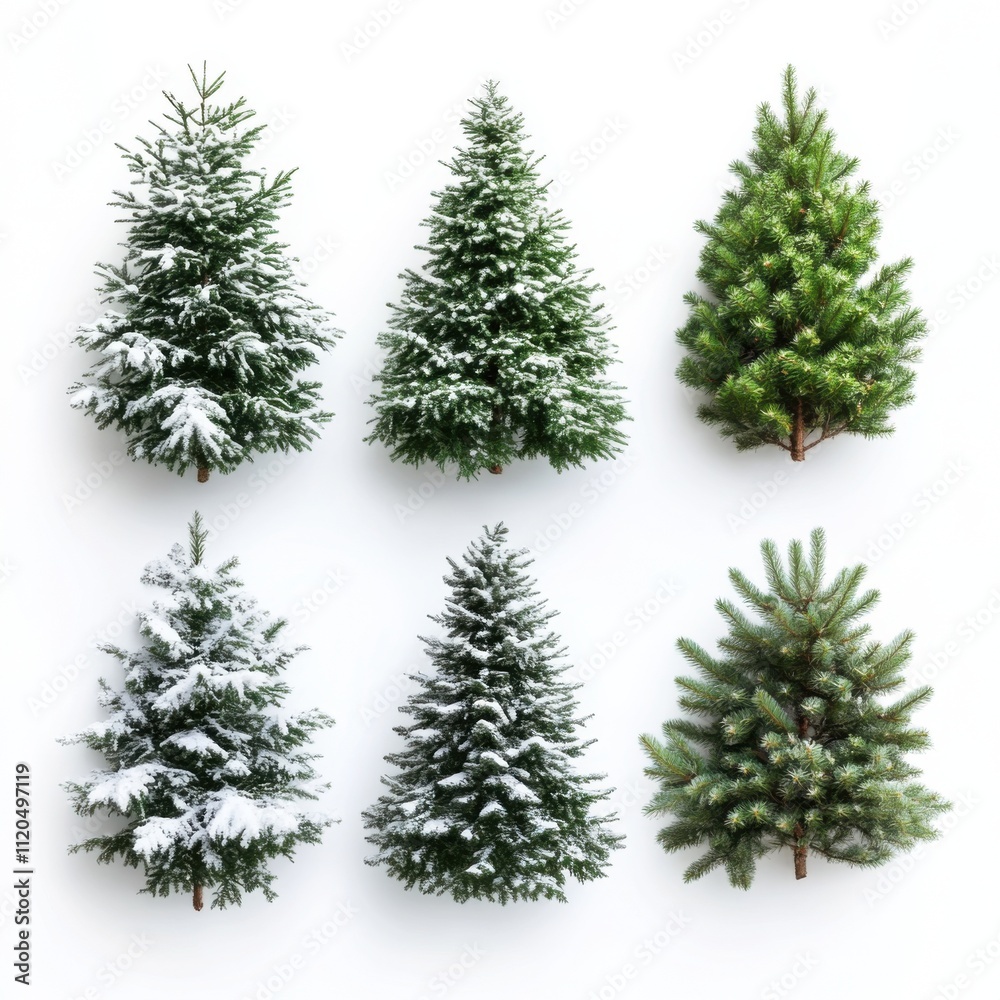 Collection of Six Beautiful Christmas Trees with Snow and Green Foliage on White Background Collection of Six Beautiful Christmas Trees with Snow and Green Foliage on White Background
