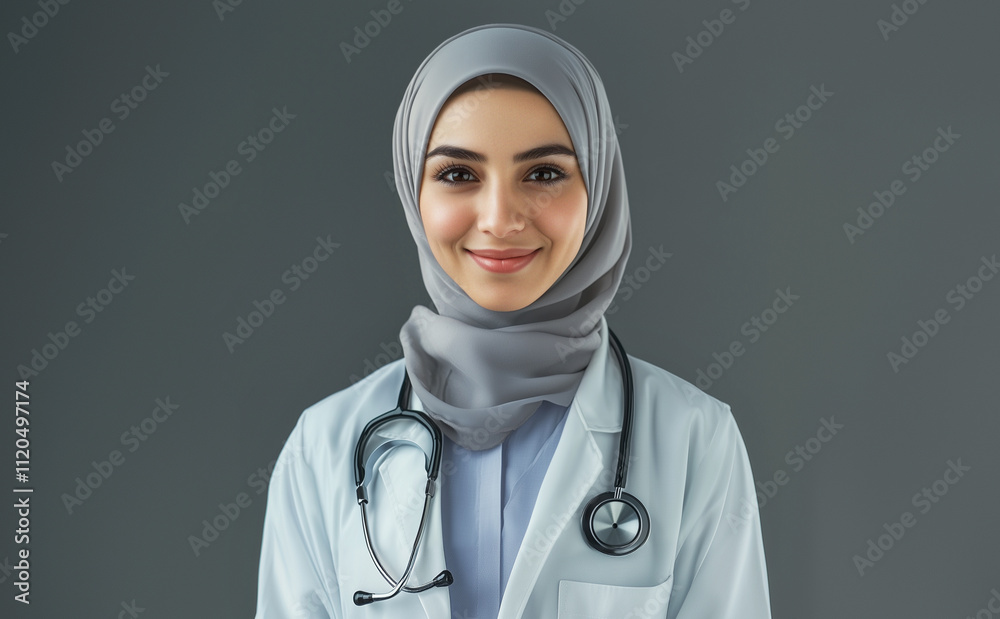 Muslim woman doctor wearing hijab smiling with arms crossed on gray background Muslim woman doctor wearing hijab smiling with arms crossed on gray background