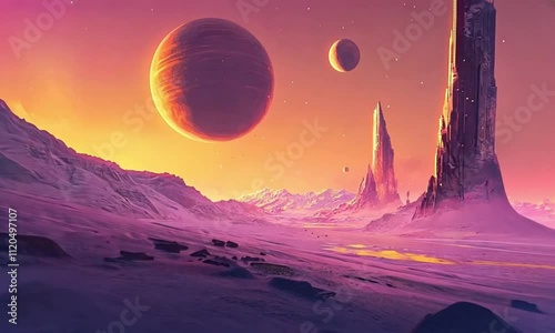 Vivid Space Fantasy Landscape with Planets, Stars, Nebulae, and Ringed Worlds in a Cosmic Universe
