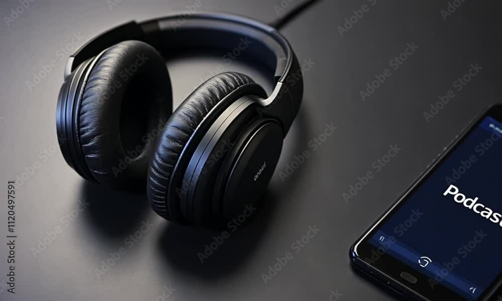 Black Headphones and Mobile Phone with Podcast Audio Display on Screen - Online Podcasting Concept Black Headphones and Mobile Phone with Podcast Audio Display on Screen - Online Podcasting Concept