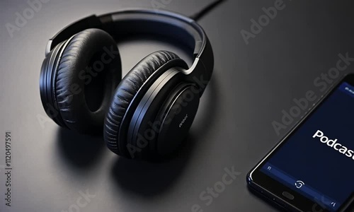 Black Headphones and Mobile Phone with Podcast Audio Display on Screen - Online Podcasting Concept