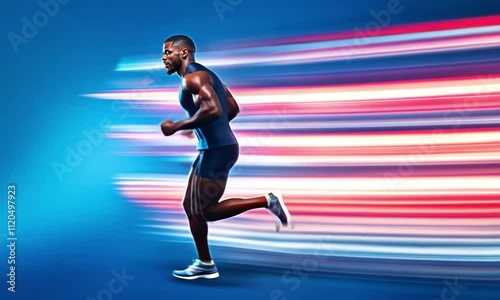 Black Male Athlete in Motion with Glowing Light Streaks on a Blue Background, Full-Body Hyper-Realistic Sports Portrait