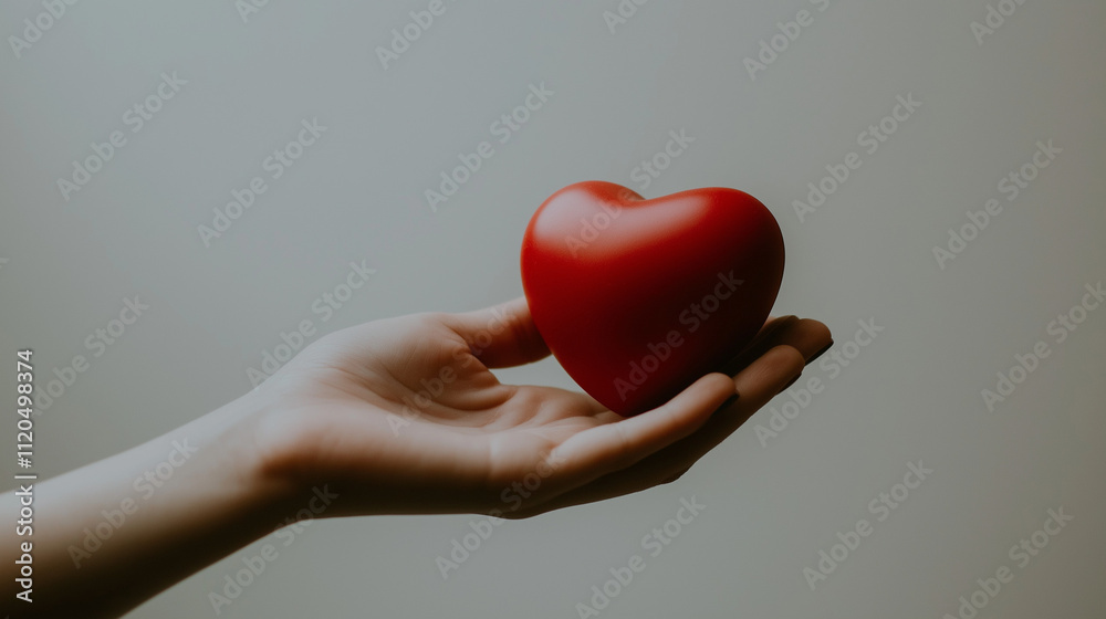 A red heart is being held by hands. Concept of love and warmth A red heart is being held by hands. Concept of love and warmth