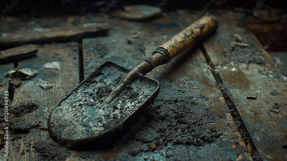 Dirty, old shovel rests on muddy wooden surface.