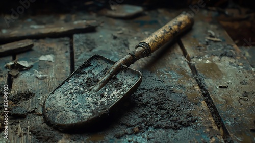 Obraz na płótnie Dirty, old shovel rests on muddy wooden surface. w salonie