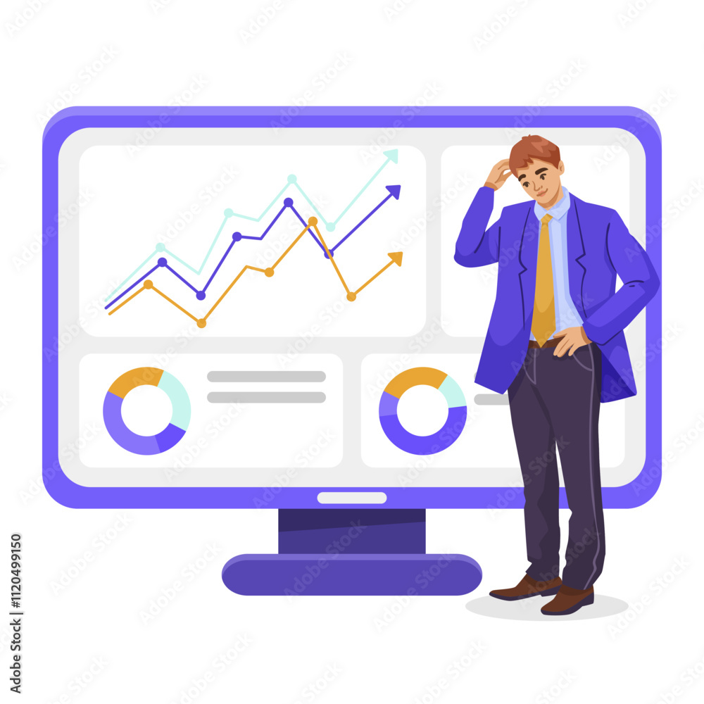 Businessman in a suit analyzing charts and graphs on a computer screen, white background, concept of business performance. Vector illustration. Businessman in a suit analyzing charts and graphs on a computer screen, white background, concept of business performance. Vector illustration.