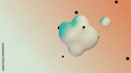 Liquid fluid dynamic abstract animated white metaball floating spheres blobs drops bubbles in transition deformation beige background with black little pearls 3d render for presentation business adds