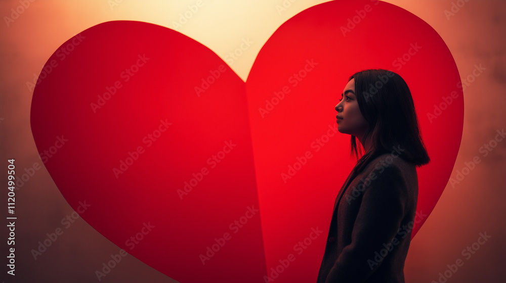 woman standing in front of a smooth red heart background woman standing in front of a smooth red heart background