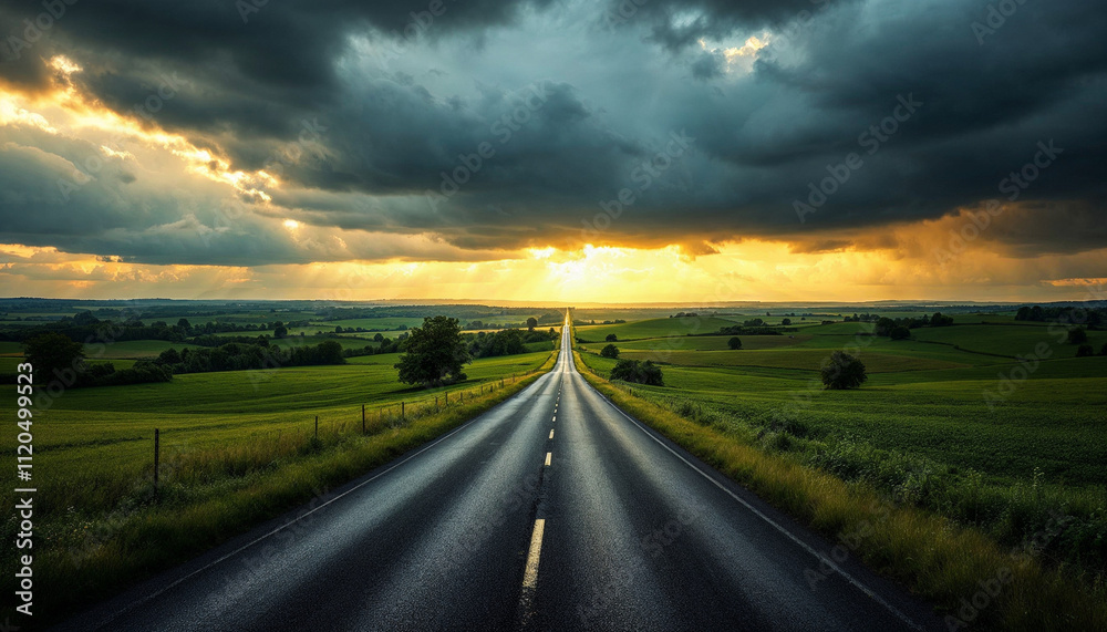 Naklejka premium A winding road through fields under dramatic storm clouds, with moments of sunlight.