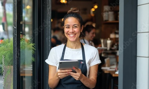 Happy Restaurant Owner Holding an iPad and Smiling Outside Her Cafe with Staff Working Inside