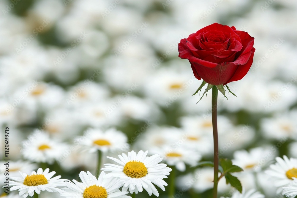 A single red rose is standing in a field of white daisies. Unique or different concept A single red rose is standing in a field of white daisies. Unique or different concept