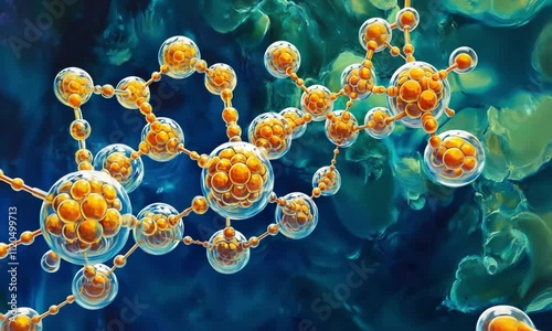 Close-Up of Chain Structure in Oil or Water-Based Formula with Carbon Molecule Nodes on Blue Background, Representing Photosynthesis Connection