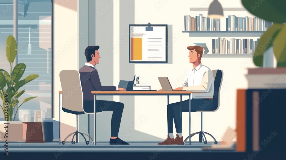 Two businessmen have a meeting at a table in a modern office. Two businessmen have a meeting at a table in a modern office.