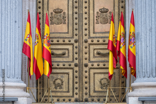 Spanish flags placed at the entrance of Spanish Parliament during the celebration of The Constitution Day