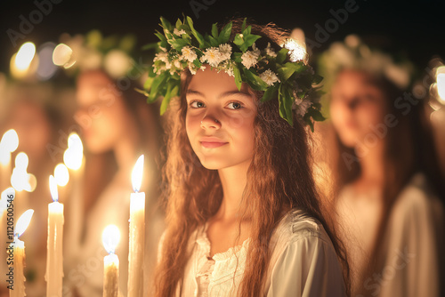 Girl with wreath crown and white robe holding candle for Saint Lucia's Day or Saint Lucy's Day photo