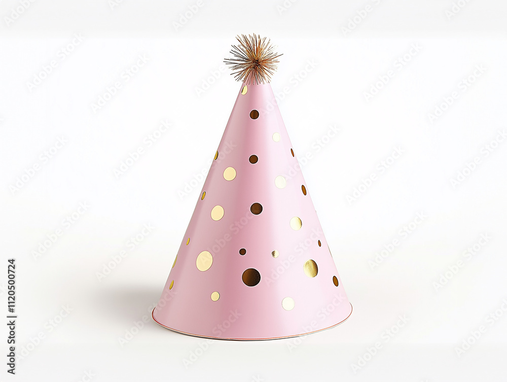 Decorative pink party hat with gold polka dots and a pom-pom for festive celebrations and events Decorative pink party hat with gold polka dots and a pom-pom for festive celebrations and events