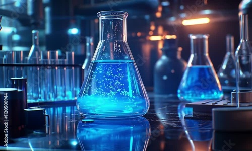 Laboratory Glassware with Blue Liquid and Neon-Glowing Clear Water in a High-Tech Research Setting