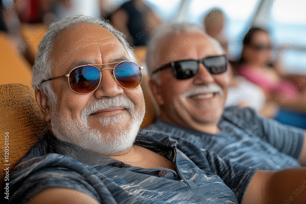 gay senior citizen men relaxing on a cruise together with selective focus on one face gay senior citizen men relaxing on a cruise together with selective focus on one face