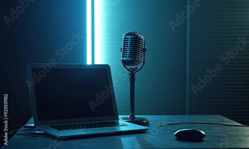 Studio Microphone and Laptop on Desk for Podcasting or Video Recording with Copy Space