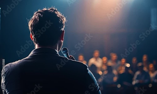 Businessman Presenting at a Conference with an Engaged Audience and Copy Space Banner in a Professional Setting