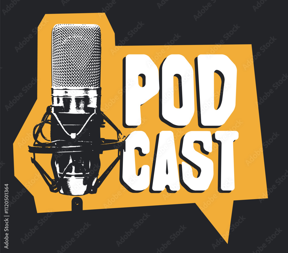 vector internet banner for podcast or internet radio with retro microphone and inscription. Suitable for advertising or logo