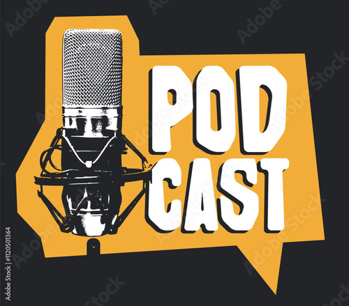 vector internet banner for podcast or internet radio with retro microphone and inscription. Suitable for advertising or logo
