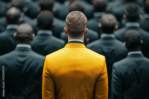 A man in a yellow jacket stands in front of a crowd of people. Unique or different concept