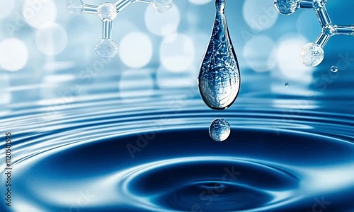 Close-Up of a Water Droplet and Carbon Crystal on a Water Molecule Structure Background in Blue and White Colors