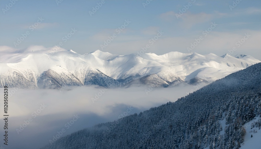 Fototapeta premium 산봉우리 위로 하얀 눈과 함께 흐릿하게 드리운 구름