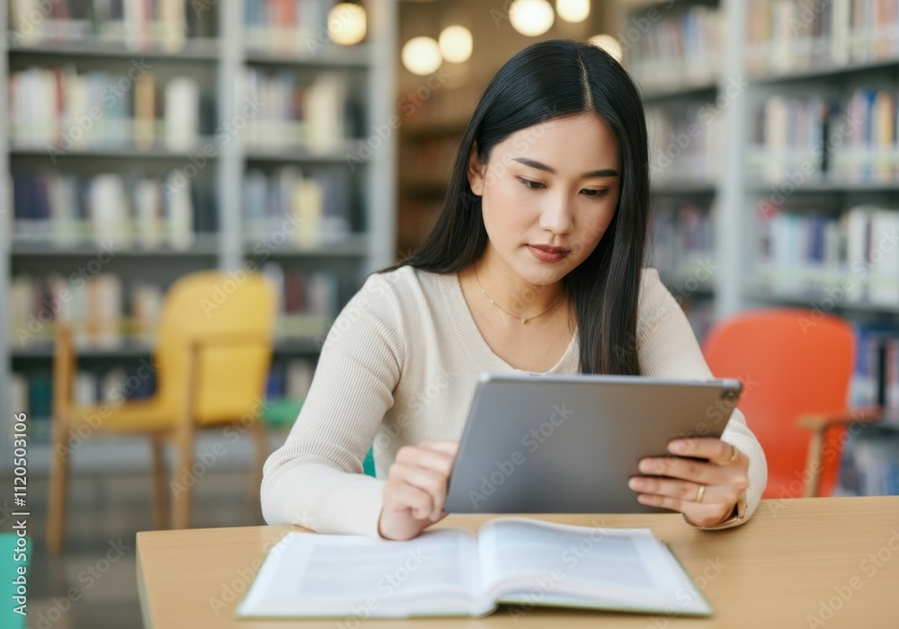 Focused student using digital tablet and textbook while preparing for exam in public library Focused student using digital tablet and textbook while preparing for exam in public library