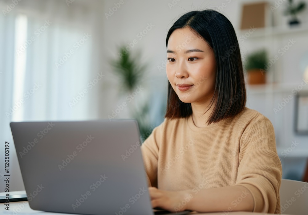 Focused asian woman working remotely from home using laptop Focused asian woman working remotely from home using laptop